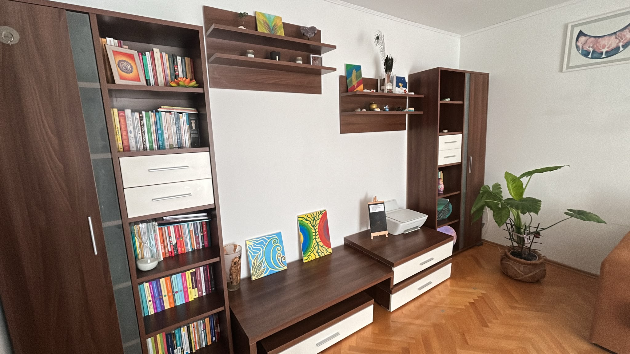 Peretele cu biblioteca din cabinet, cărți de psihologie și tablouri așezate pe rafturi